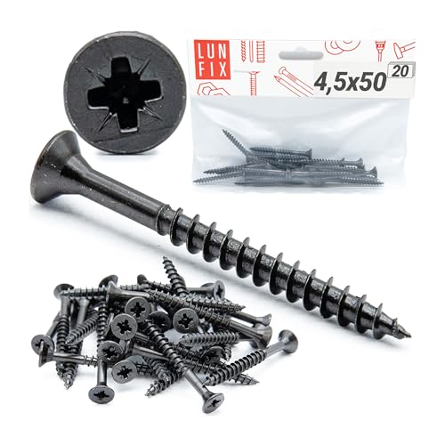 Vis a bois acier trempé noir zingué tête fraisée PZ2 Ø 4,5x50 mm, 20 pièces vis de fixation placo pour bois meubles panneaux agglomérés plâtre plastique bricolage montage précis Lun Fix