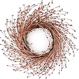 Spring Front Door Wreath - 18 Inch Artificial Twig Wreath with Red & Burgundy Berries, Eucalyptus Leaves, Grapevine for Farmhouse Window Hanging Christmas Decor