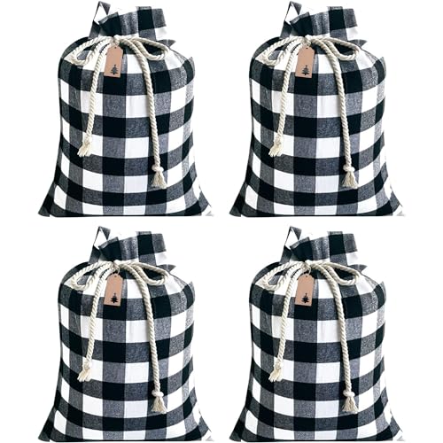 Yzpacc 4 Pack Exlarge Christmas Sacks Buffalo Plaid Santa Sacks Christmas Gift Bags Reusable Christmas Gift Bags Canvas Drawstring Bags Xmas Bags 19.6X27.6Inchs for Gifts Wrapping(White &Black)