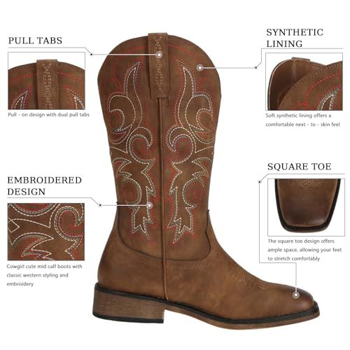 J's.o.l.e Womens Square Toe Cowgirl Cowboy Boots Mid Calf with Chunky Heel Retro Embroidery Western Boots2