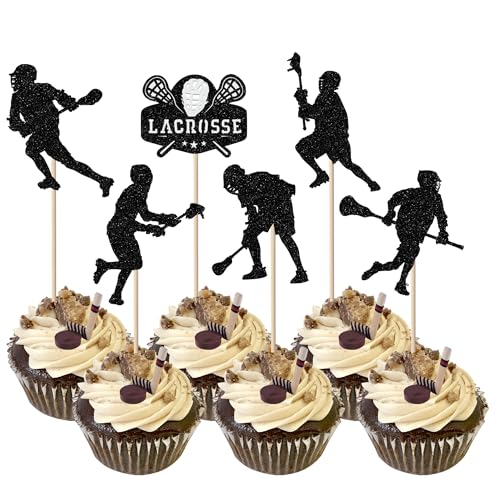 Image of Rsstarxi 24 Pack Black Glitter Lacrosse Cupcake Toppers Lacrosse Party Decorations for boys Lacrosse Player Cupcake Picks for Lacrosse Sport Baby Shower Birthday Party Cake Decorations