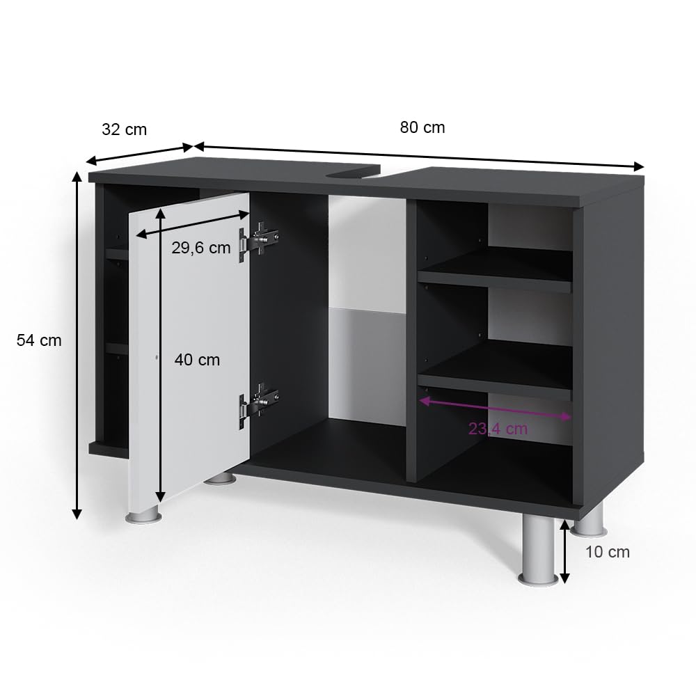 Vicco Fynn szafka pod umywalkę, antracytowa/biała, wysoki połysk, 80 x 54 cm, z 6 półkami, do przechowywania w łazience z wgłębieniem na syfon