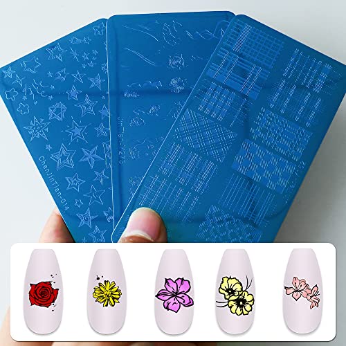 Bellelfin 3Pcs Nail Stamper Kit Star Flower Geometry Checkered Image Template Nail Art Stamping Plate With Clear Stampand Scraper #TOP5