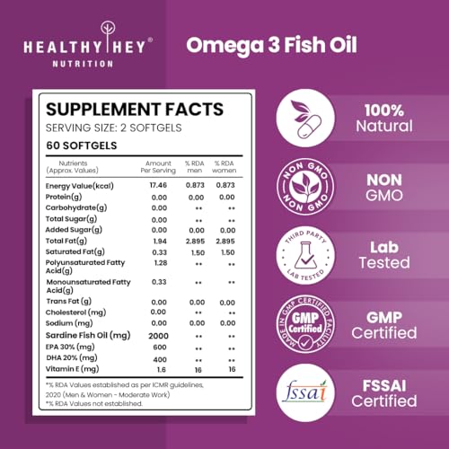 Image of HealthyHey Nutrition Fish Oil Capsules Omega 3 60 Softgel For Women and Men | Triple Strength Fish Oil | Burpless, EPA 600 - DHA 400 Supplement
