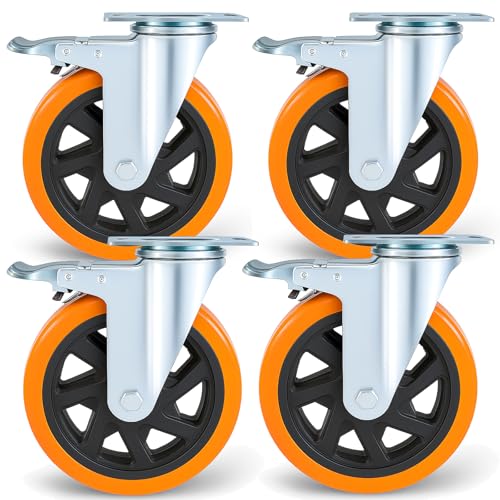 Image of RRIUTO Heavy Duty 150MM Caster Wheels with Brake, Set of 4 Furniture Casters Polyurethane Castors Load Capacity 1000kg, Double Bearing Swivel Castors for Furniture, Swivel Trolley Wheels 360° Rotation