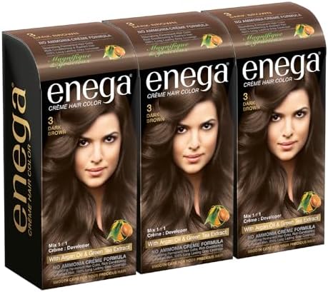 Enega No Ammonia Grey Coverage Long Lasting Creme Hair Color with Argan Oil & Green Tea Extract - (150 ML) (Dark Brown) (Pack of 3)