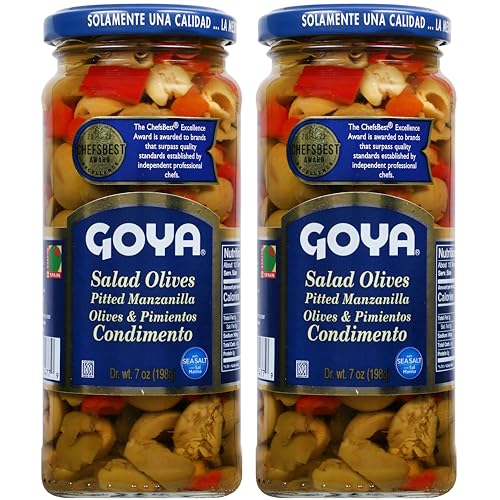 GOYA Salad Olives, Pitted Manzanilla Spanish Olives with Pimientos, 7 Ounce (Pack of 2)