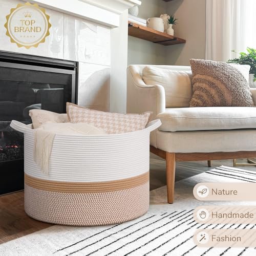 Image of INDRESSME 115L Extra Large Cotton Rope Basket, Woven Baby laundry Blanket Basket for Home Decor Living Room Nursery, Toy Storage Baskets for Kids Boys Girls, White & Camel Mix