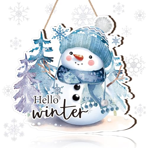 Quzzil Christmas Hello Winter Sign Snowman Snowflake Winter Welcome Door Hanging Plaques Farmhouse Wood Hanger Christmas Gifts Party Decorations for Front Door Outdoor Indoor Outside Porch Wall