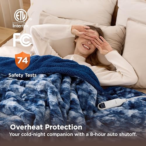 Image of Bedsure Faux Fur Heated Blanket Twin Size, Fast Heating Electric Blanket Twin Size with 6 Heating Levels & 10 Time Settings, Cozy Gifts for Women Men (62x84 inches, Denim Blue)