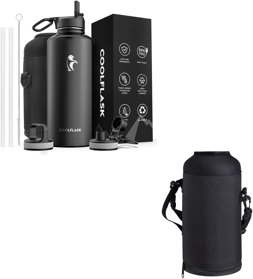 Coolflask 87 oz Water Bottle with Straw & Spout & Handle Lid & Carrying Pouch, One More Half Gallon Water Bottle Holder for replacement