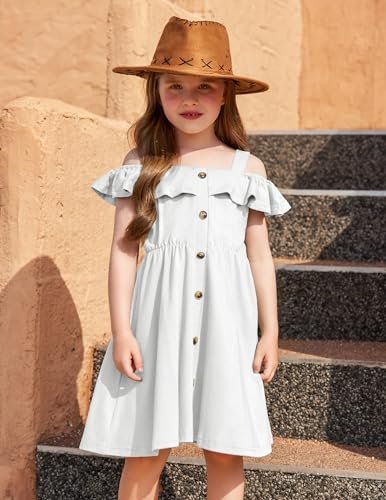 Arshiner Girls Dresses Summer Spaghetti Strap Cold Shoulder Ruffle Button Down A Line Dresses3