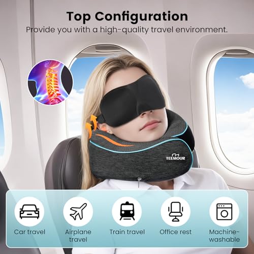 Travel Neck Pillow for Airplane -Memory Foam Travel Pillow for Long Flights/Car Sleep 360° Support Airplane Pillow, With Eye Mask & Earplugs, Portable Carry Bag | Airplane Accessories Washable Cover