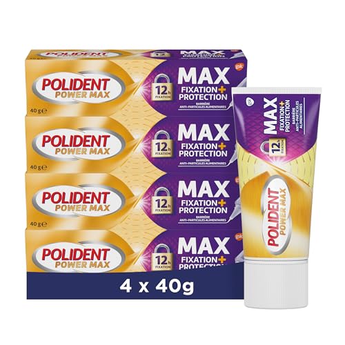 POLIDENT - Power Max - Crème Adhésive pour Prothèse Dentaire avec Embout de Précision - Fixation 12 heures + Protection - Crée une Barrière Contre les Particulaires Alimentaires - Lot 4 x 40 g