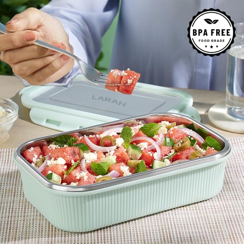 Image of Larah by BOROSIL Freshbyte Food Storage Container with Airtight Stainless Steel Lid | Fridge Container for Lunchbox | Food Grade | Microwave Safe (Green, 800 ml, Rectangular)