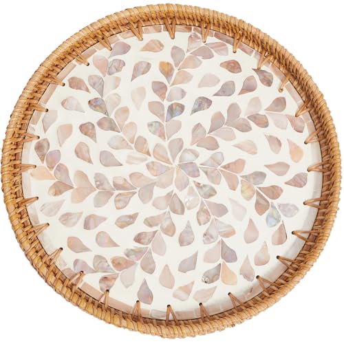 CREATCABIN Bandeja redonda de mimbre tejida con base de madera, cesta de mimbre decorativa para decoración de mesa, exhibición de almacenamiento, desayuno, café, pan, frutas, lino, 11.8 pulgadas