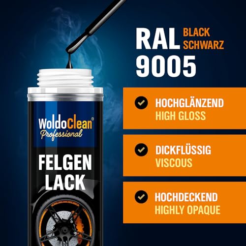 WoldoClean Felgenlack Schwarz Glänzend 12ml - Lackstift für Alufelgen zum Kratzer Entfernen und Ausbessern