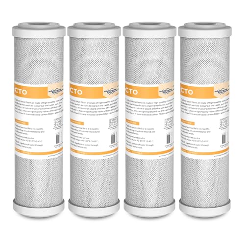 Membrane Solutions Filtro de Agua de Carbón Activado, Recambio de Cartuchos de Bloque de Carbón, para Ósmosis Inversa y Sistema de Filtración de Toda la Casa Universal, 10 x 2,5 pulgadas - 4 Pack