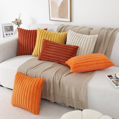 Pallene Faux Fur Plush Fall Throw Pillow Covers 20x20 Set of 2, Luxury Soft Fluffy Striped Decorative Pillow Covers for Sofa, Couch, Living Room, Rust