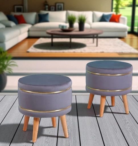 Image of Ottoman Stool for Living Room Foot Rest | Velvet Small Ottoman Foot Stool | Solid Wood Legs | Footstool Puffy for Home, Bedroom & Makeup Table | 16x16x18 Inch, Set of 2 (Grey)