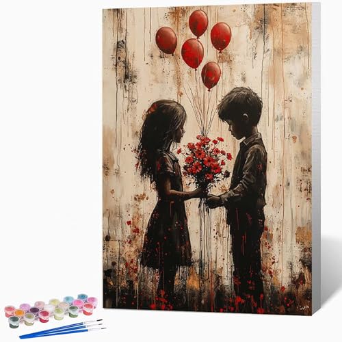子供 ペイントバイナンバーキットバルーン 数字油絵 塗, DIY手描き油絵セット(ブラシ3本とアクリル絵の具を含む)、キャンバスセット、家の壁の装飾ギフト,誕生日プレゼント女性 60*80CM フレームなし -WX2510189