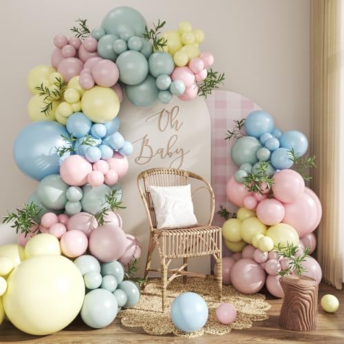 Pink Blue Yellow Pastel Balloon Arch Kit 124Pcs Macaron Light Pink Blue Yellow Balloons for Spring Tea Party Baby Shower Wedding Birthday Gender Reveal Party Decorations