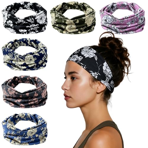 Image of HSEM Wide Headbands for Women 6-Pack - Non-Slip Boho Hair Bands, Thick Elastic Flower Head Bands - Large Knotted Soft Stretchy Sweat Bands for Sports, Yoga, Washing Face, Makeup, Running, Spa