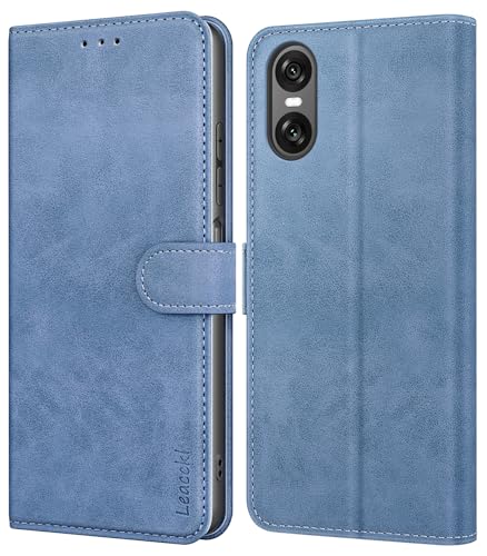Leacckl Coque pour Sony Xperia 10 VI, Etui Protection Housse Premium en Cuir PU Portefeuille, [Ranges Cartes] Pochette Fermeture Magnétique, Bleu