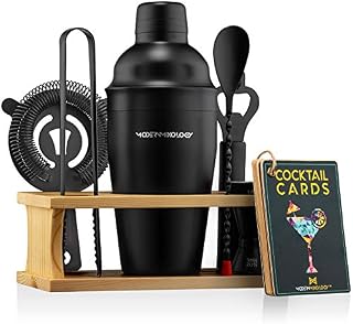 Mixology Bartender Kit with Stand | Black Bar Set Cocktail Shaker Set for Drink Mixing - Bar Tools: Martini Shaker, Jigger, Strainer, Bar Mixer Spoon, Tongs, Opener | Best Bartender Kit for Beginners