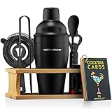 Mixology Bartender Kit with Stand | Black Bar Set Cocktail Shaker Set for Drink Mixing - Bar Tools: Martini Shaker, Jigger, Strainer, Bar Mixer Spoon, Tongs, Opener | Best Bartender Kit for Beginners