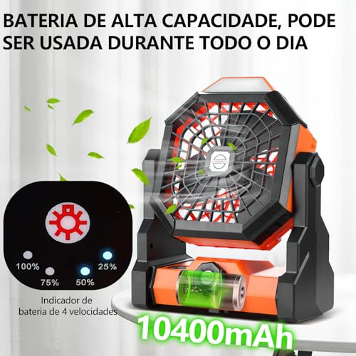 Ventilador recarregavel de Acampamento portátil, com lanterna LED, alimentado por bateria recarregáv