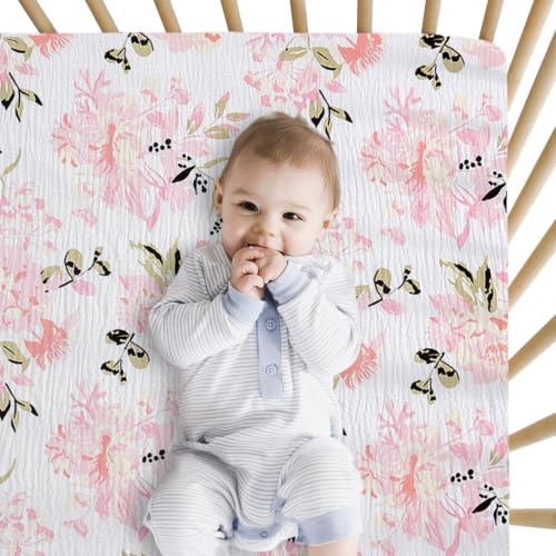 Image of Little Grape Land Muslin Crib Sheets Fitted for Girls 2 Pack, 100% Cotton Baby Bed Sheets Soft Breathable, Neutral Fitted Baby Mattress Sheets for Standard Crib, Floral