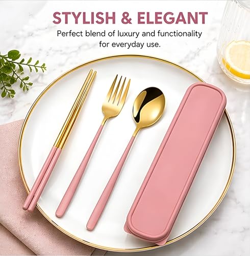 Image of 3 Piece Premium Gold Stainless Steel Chopsticks Fork Spoon Set with Travel Case Non-Slip Dinnerware Cutlery Set Tableware Set for Gift (Gold Pink)