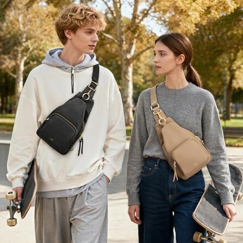 Image of Kattee Small Leather Sling Bag for Women with RFID Blocking,Black | Top grain pebbled leather with RFID blocking, multiple pockets, and a convertible strap for travel.