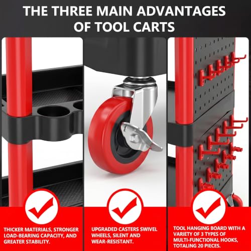Image of Auto Detailing Cart with Wheels, 3 Tier Rolling Detail Cart with Long Hanging Plate & Hooks & Hanging Bucket & Cat Ear Basket, for Detailers Garage, Workshop, Repair Shop, Storage Tool