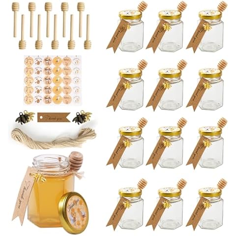 Rormket 12 Pack 4oz Glass Hexagon Honey Jars Golden Lids - Extra Wooden Honey Dipper Sticks, Bee Charms, Tag String, Thank You Gift Tags, Stickers (Golden 12 Stickers) Cover