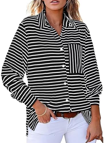 Astylish Fashion Loose Fit Long Sleeve Button Down Striped Collared Shirts Elegant Travel Office Top for Women Black Medium