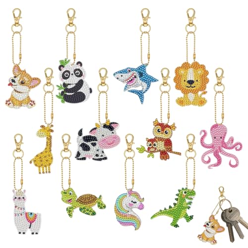 GMBANK 12 Pcs DIY Diamond Painting Keyrings Making Kit 5d Double Sided Diamond Art Keychains Personalised Diamond Art Dimond Art Kit Cute Diamond Painting Keychains Kits for Kids Adult Beginners