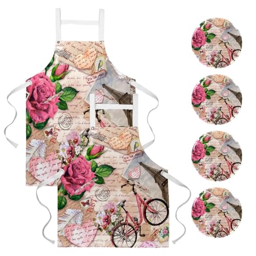 Tablier de cuisine à motifs Tour Eiffel et vélo, lot de 2 avec broches fantaisies