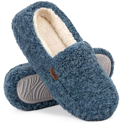 LongBay Women's Fuzzy Memory Foam Slippers Warm Cozy Shearling House Slippers for Ladies Supportive Slip on Indoor Home Shoes, Blue, 6.5-7.5