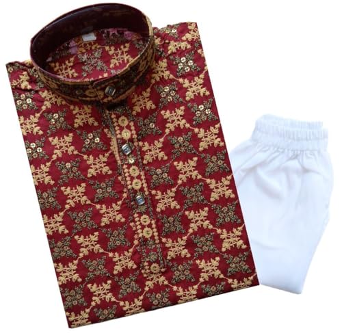 Image of TinySteps Boys' Ethnic Wear - Cotton Lakhnavi Chikan Kurta with Golden Sequence Work and Elastic Waist White Cotton Pajama - Festive & Wedding Outfit