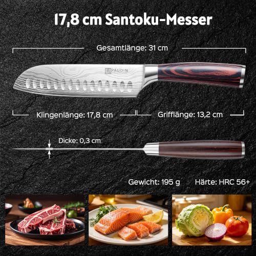 PAUDIN 17,8cm Santoku-Messer, 5Cr15MoV Stahl Pakkaholzgriff Superscharf – Ansicht 4