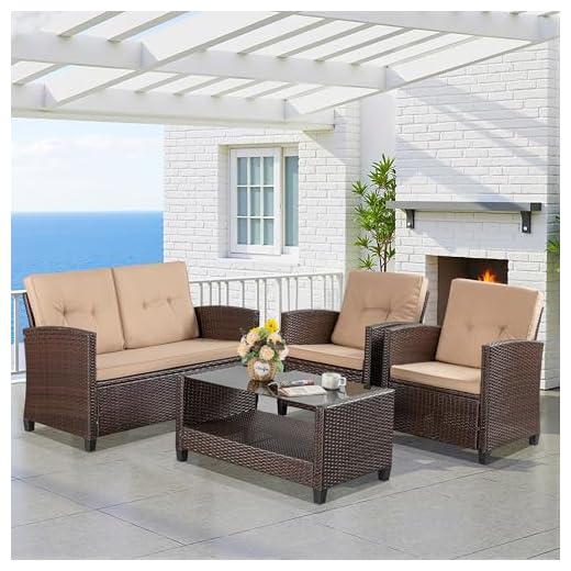 Shintenchi 4-Piece Outdoor Patio Furniture Set, Wicker Rattan Sectional Sofa Couch with Glass Coffee Table | Black