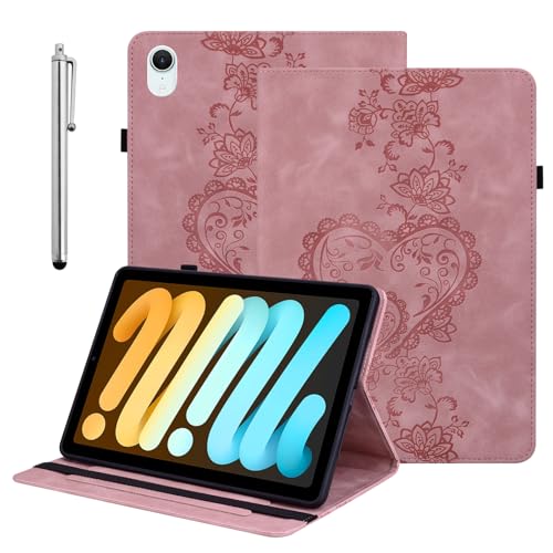 Étui iPad mini 6 en cuir synthétique rose avec finitions soignées gaufrage cœur