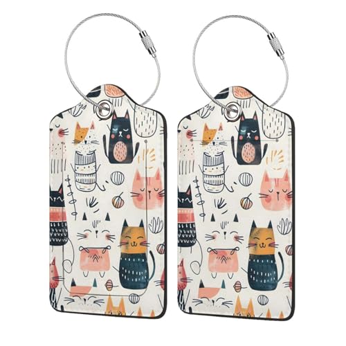 Boho Cats PU Leather Luggage Tags for Suitcases 2 Pack Baggage Tags with Privacy Cover ID Label Address Card and Durable Metal Ring for Women Men Travel
