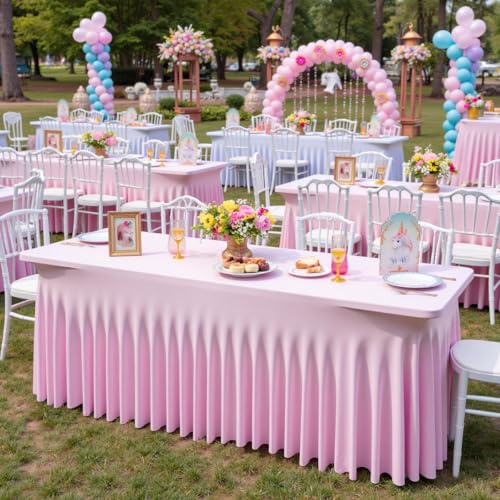 Image of Outpain 6ft Spandex Table Cloth for Standard Folding Tables-4Pack Baby Pink Table Cloth Table Protector for Party, Wedding, Cocktail, Banquet, Festival