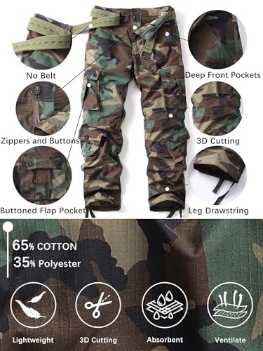 Men's Camo Cargo Work Pants Ripstop Lightweight Wild Army Military BDU Outdoor Trousers with 8 Pocktets (No Belt) - Image 6