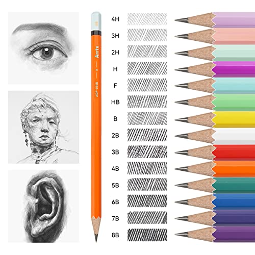 Arrtx Drawing Pencils 14 Pack (4H - 8B) | Art Sketching Pencils For Drawing And Shading | Sketch Pencils Set For Artists Beginners | 4H, 3H, 2H, H, F, Hb, B, 2B, 3B, 4B, 5B, 6B, 7B, 8B Graphite Pencil #TOP1