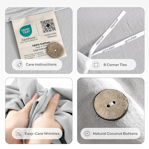 Image of JELLYMONI 100% Washed Cotton Duvet Cover Queen - Soft, Breathable Linen-Look Bedding with Natural Wrinkle Texture, Button Closure, 3-Piece Set (Pale Grey, 90 inchx90 inch)