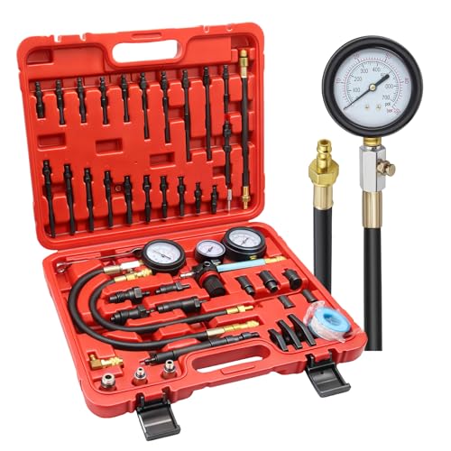 Testeur de compression - Essence & Diesel Testeur de compression moteur, 46PCS Comprehensive Compression and Leak Test Kit with Dual Gauge Engine for HDi,...